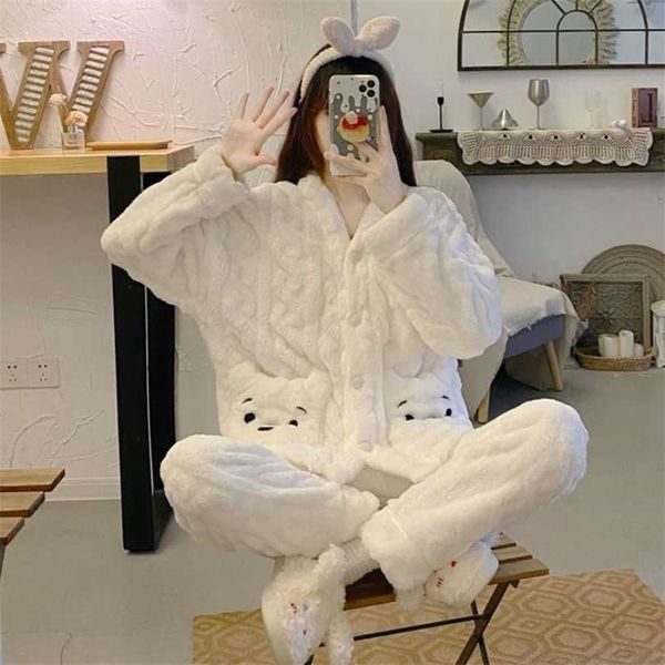 

qweek women's warm home suit kawaii flannel pajamas girls winter clothes bear pocket v neck pijamas pyjamas sleepwear cute 211126, Black;red