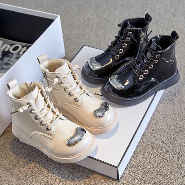 

boots autumn winter children' patent leather shoes boys' warm thin cotton korean girls' princess plush short 26-36, Black;grey