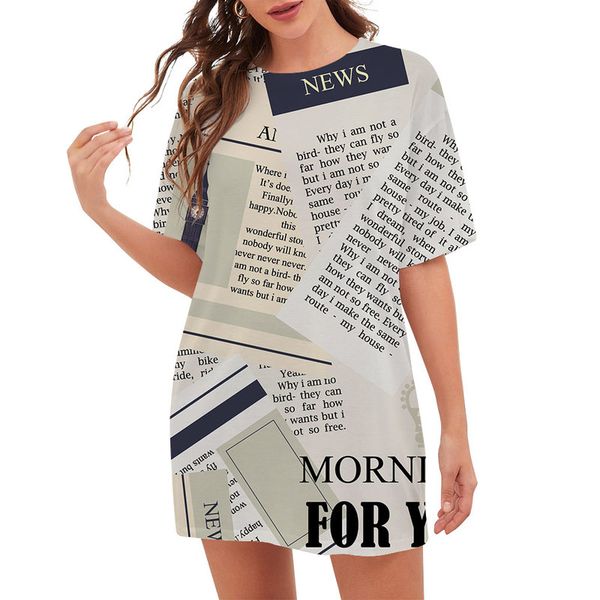 

cloocl vintage newspaper women t-shirts printed lady clothes loose short sleeve harajuku teens leisure outfits, White