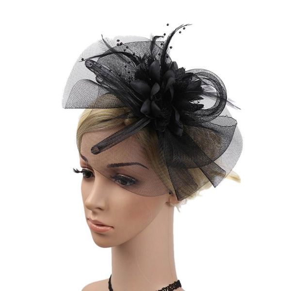 

stingy brim hats fashion wedding hat women flower mesh ribbons feathers fedoras headband or a clip cocktail tea party headwewar for girls#w, Blue;gray