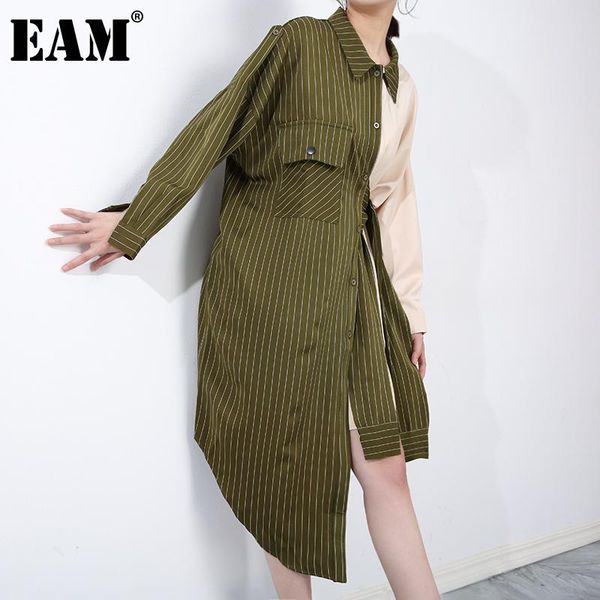 

casual dresses [eam] women green striped bandage big size shirt dress lape long sleeve loose fit fashion tide spring autumn 2021 1dd010806, Black;gray