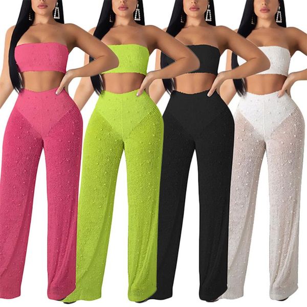

women's jumpsuits & rompers fadzeco women 2 piece outfits jumpsuit mesh see through knitted tube and wide leg long pants clubwear, Black;white