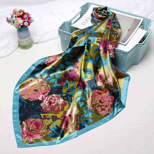 

fashion purple hair scarf for women floral print silk satin hijab scarfs 90cm square shawls neckerchief scarves for ladies 2019 y1108, Blue;gray