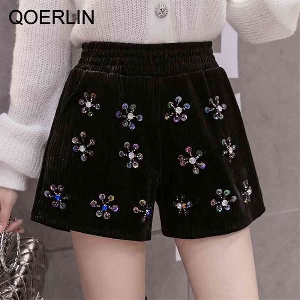 

heavy beaded shorts black velvet corduroy women elastic high waist straight boots trouser plus size 210601, White;black