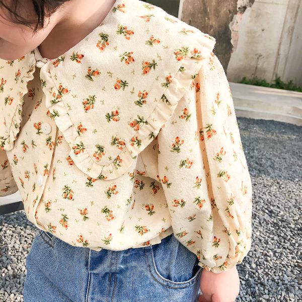 

2021 new spring korean style baby girls white blouses floral printed long sleeve toddlers kids cotton short shirts, White;black