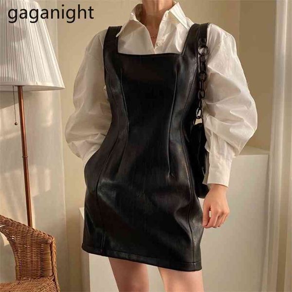

two piece set women vintage puff long sleeve white shirt and sleeveless black pu leather one dress suit 210601