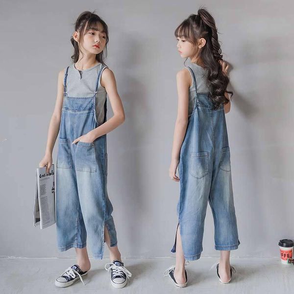 

jumpsuits 6 to 16 years, kids overalls summer girls jeans teen ankle length baby cotton trousers straight fashion, Blue