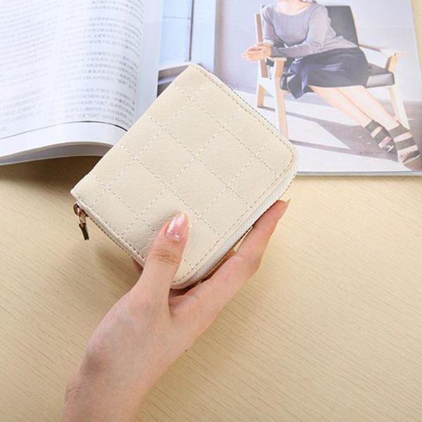 

women's small wallet zipper card holder beige coin pocket money case girls bag green purse 6 color simple lattice wallets, Red;black
