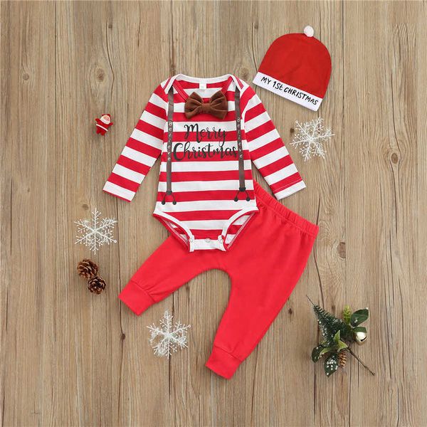 

2021 fall 3pcs toddler baby boys girls suit set, letter stripe print o-neck long sleeve romper + long pants + hat, 3-24 months g1023, White