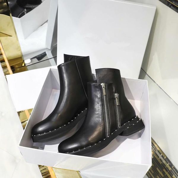 

boots women ankle fashion rivets round toe genuine leather black combat runway party dress shoes