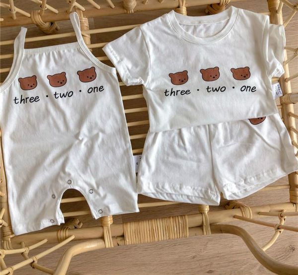 

clothing sets summer children cotton short-sleeved t-shirt+shorts suit 2pcs boys girls cartoon little bear printed romper infant set, White