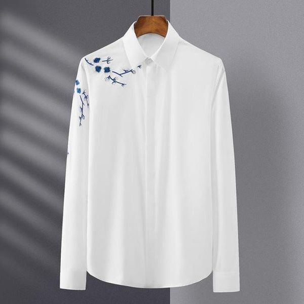 

men's casual shirts cotton male luxury long sleeve plum blossom embroidery mens fashion slim fit party man 4xl, White;black