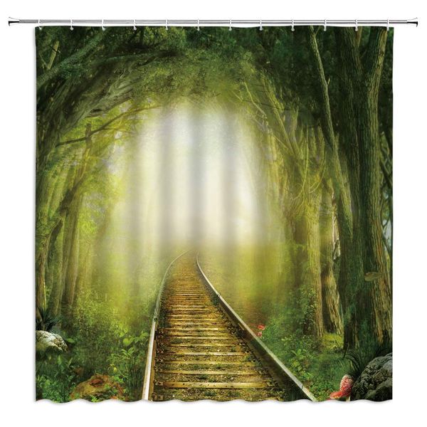 

fantasy forest shower curtain misty woodland railway track tree meadow enchanted garden fairytale spring scenery green fabric