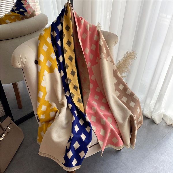 

scarves pupular plaid splice 2021 cashmere warm scarf hijab women thick winter pashmina soft foulard female headscarves echarpe bufanda, Blue;gray