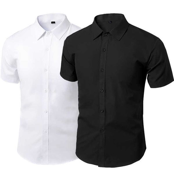 Camisas de vestido masculino de manga curta Camisas Sólidas do Sólido Camisa Não-Ferro Fit Magro Black White Roupa Masculino Plus Size 5XL 210708