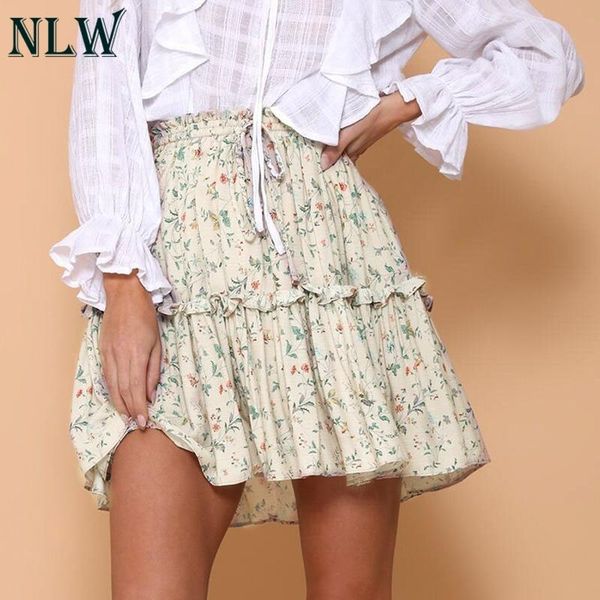 

skirts nlw boho mini skirt women 2021 high waist lace-up autumn girl casual street print ruffle, Black