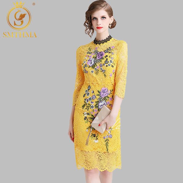 Abito in pizzo giallo Abiti eleganti da donna eleganti con fiori ricamati da donna Abiti da festa sexy slim casual Vestidos 210520