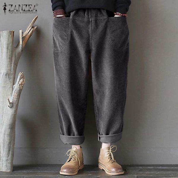 

women's pants & capris spring solid long corduroy zanzea casual harem pantalon women vintage elastic waist wide leg trousers female str, Black;white