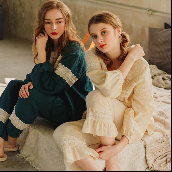 

korean style lace cotton womens sleepwears pajamas spring autumn winter pyjamas set homewear sleepwear clothes students pijama pyjama femme, Black;red