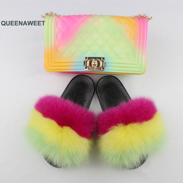 

slippers women shoes fur high-end colorful bags ladies fluffy set, Black