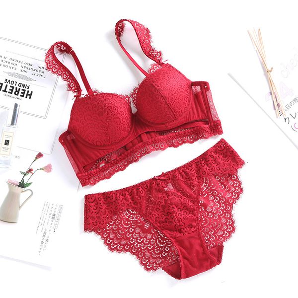

bras sets gathering cup with lace bra and lingerie set 21779, Red;black