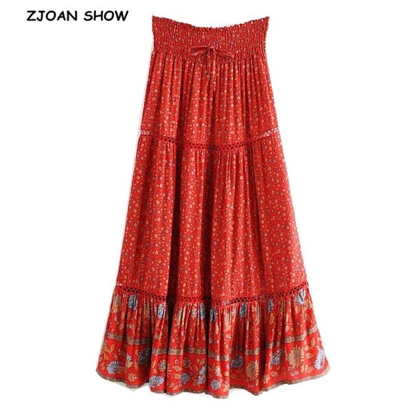 

bohemian spliced hollow out hole lace floral midi long skirt red holiday women elastic high waist swing skirts beach 210429, Black
