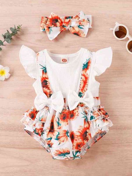 

baby floral print butterfly sleeve bow front bodysuit with headband she, Blue