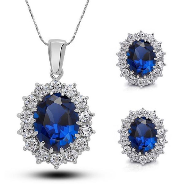 

earrings & necklace ladies oval blue sapphire pendant chain jewelry set gift, Silver