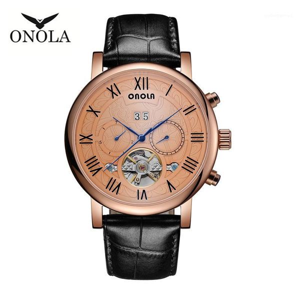 

wristwatches onola on6804 brand automatic mechanical men watch tourbillon sport clock leather casual business retro, Slivery;brown