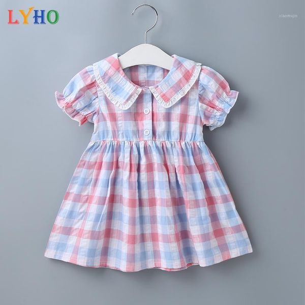 

baby girls dress plaid 2021 summer kids clothes infant cute casual skirt short sleeve cotton pink blue stripe born dresses girl's, Red;yellow