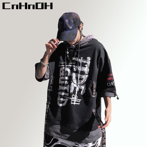 

men's hoodies & sweatshirts cnhnoh summer japanese tee hip-hop hooded short-sleeved men's personality streamer color matching two-p, Black