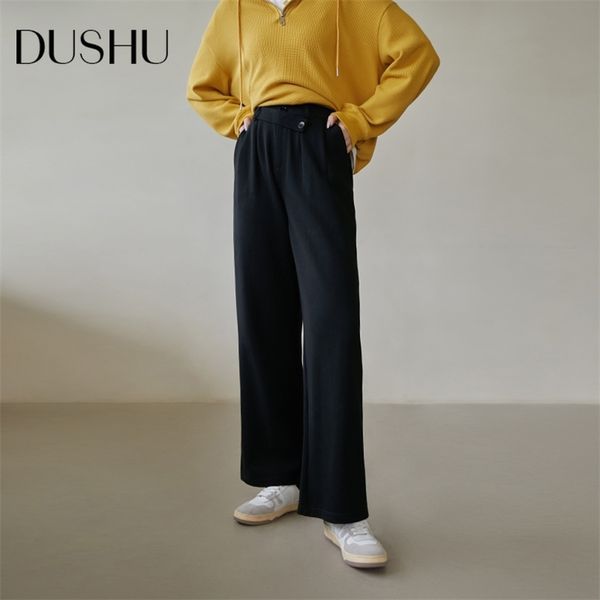 

dushu women pants black all-match straight-leg casual pants winter loose knitting trousers adjustable waist design trousers 211216, Black;white