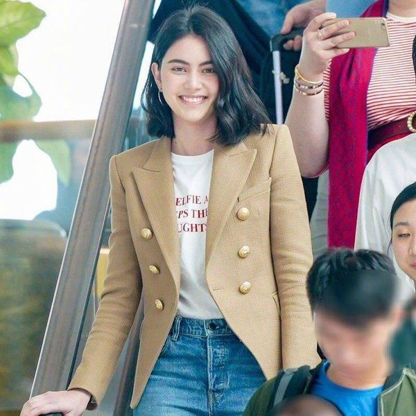 

[elfstyle] - camel linen blazer woman fashion blazers double breasted button up long sleeves women's suits &, White;black