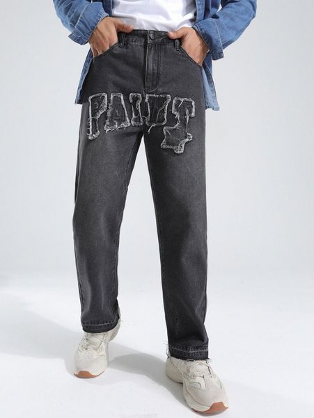 

men letter pattern slant pocket jeans 66vm#, Blue