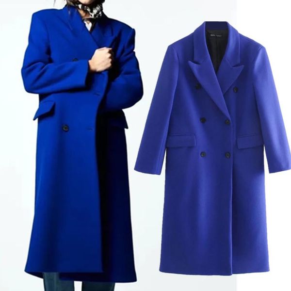 

women's wool & blends maxdutti coat women double breasted oversize overcoat fashion winter trench england simple elegant solid long, Black