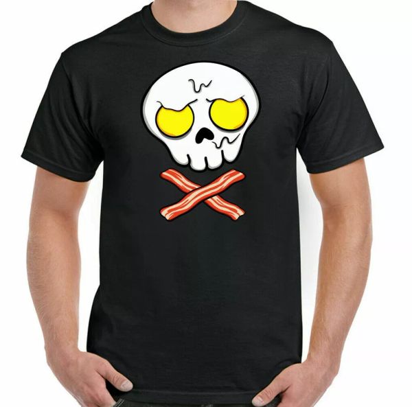 

bacon t-shirt mens breakfast skull funny egg & food diet fat top, White;black