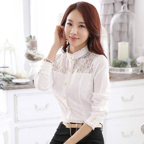 

women's blouses & shirts 2021 woman lace floral hollow out petals sleeve stand collar profession female large size blouse, White