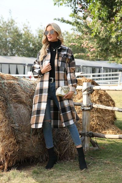 

women's jackets womens casual plaid wool blend button down long sleeve shirt oversize lapel shacket jacket coat flannel peacoat, Black;brown