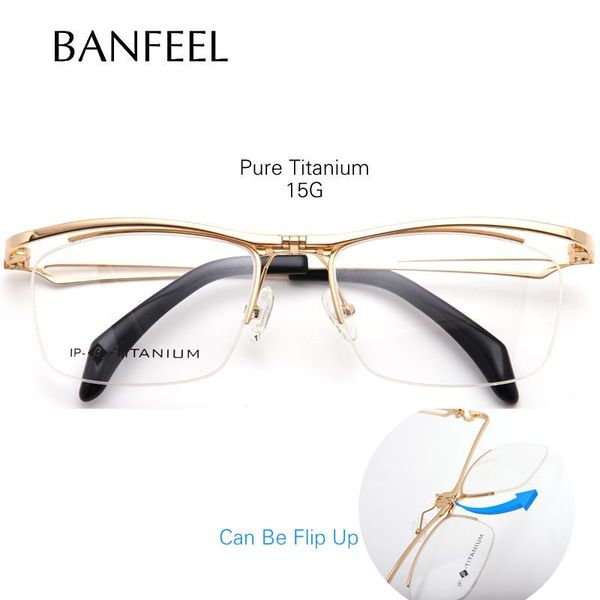

fashion sunglasses frames ip pure titanium men glasses half frame business square flip up eyeglass myopia hyperopia prescription eyeglasses, Black