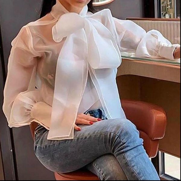 

women womens shirt see through sheer mesh dot blouse puff long sleeve solid color organza blouses loose chiffon, White