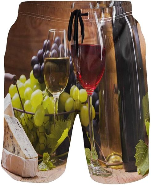 

wine glasses cheese grape wooden keg men's swim trunks quick dry shorts with pockets, White;black