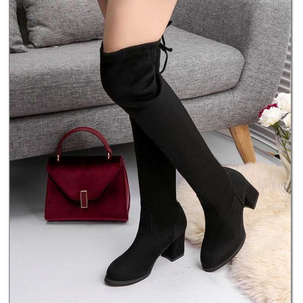 

new 2021 autumn and winter high-quality women's boots over-the-knee high-heeled long trend square over-the-knee high boots size y1018, Black