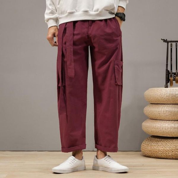 

men's pants ribbon cargo multiple pockets man casual trousers nice streetwear oversized loose harem male drop, Black
