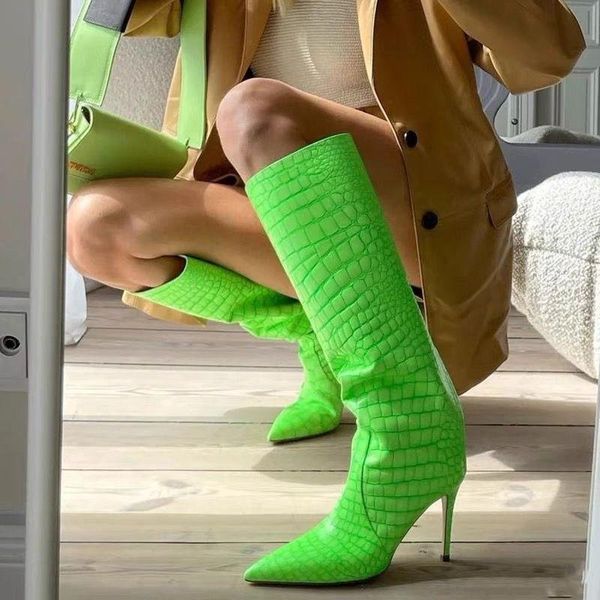 

boots banquet women's autumn pointed ultra-high heel fluorescent green stone 35-46 high tube, Black