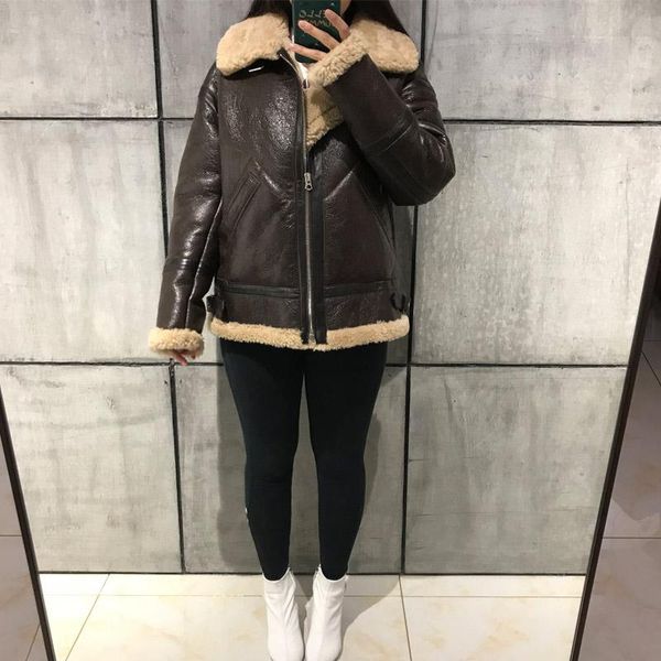 

women's leather & faux women lamb fur ladies suede jacket, Black