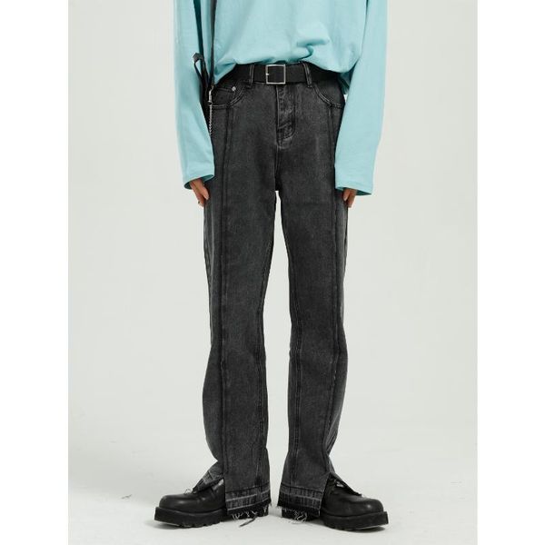 

men | 2021 four seasons black split jeans men's slim straight casual pants, Blue
