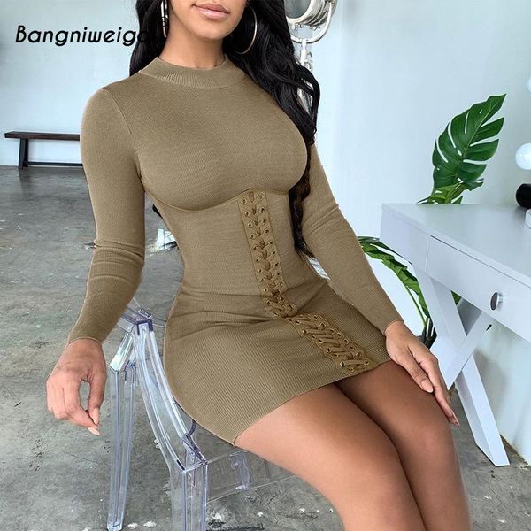 

casual dresses bangniweigou spring high waist olive bandage knit vintage mini dress women long sleeve slim fit street vestido ropa mujer, Black;gray