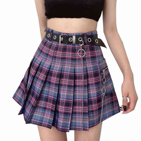 

harajuku plaid skirt women y2k high waist mini tennis skirts uniform chain pocket a-line streetwear vintage belt 210629, Black