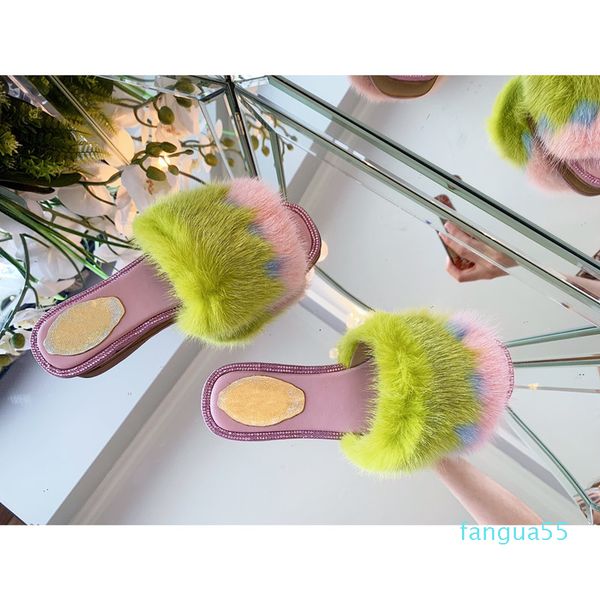 

2021 summer and autumn ladies fashion scuffs high-quality leather mink hair flat heel famous luxury designers, Black