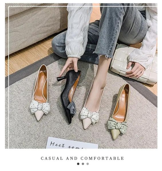

dress shoes pointed bow diamond high heels women's 2021 thin heel light mouth white single versatile, Black